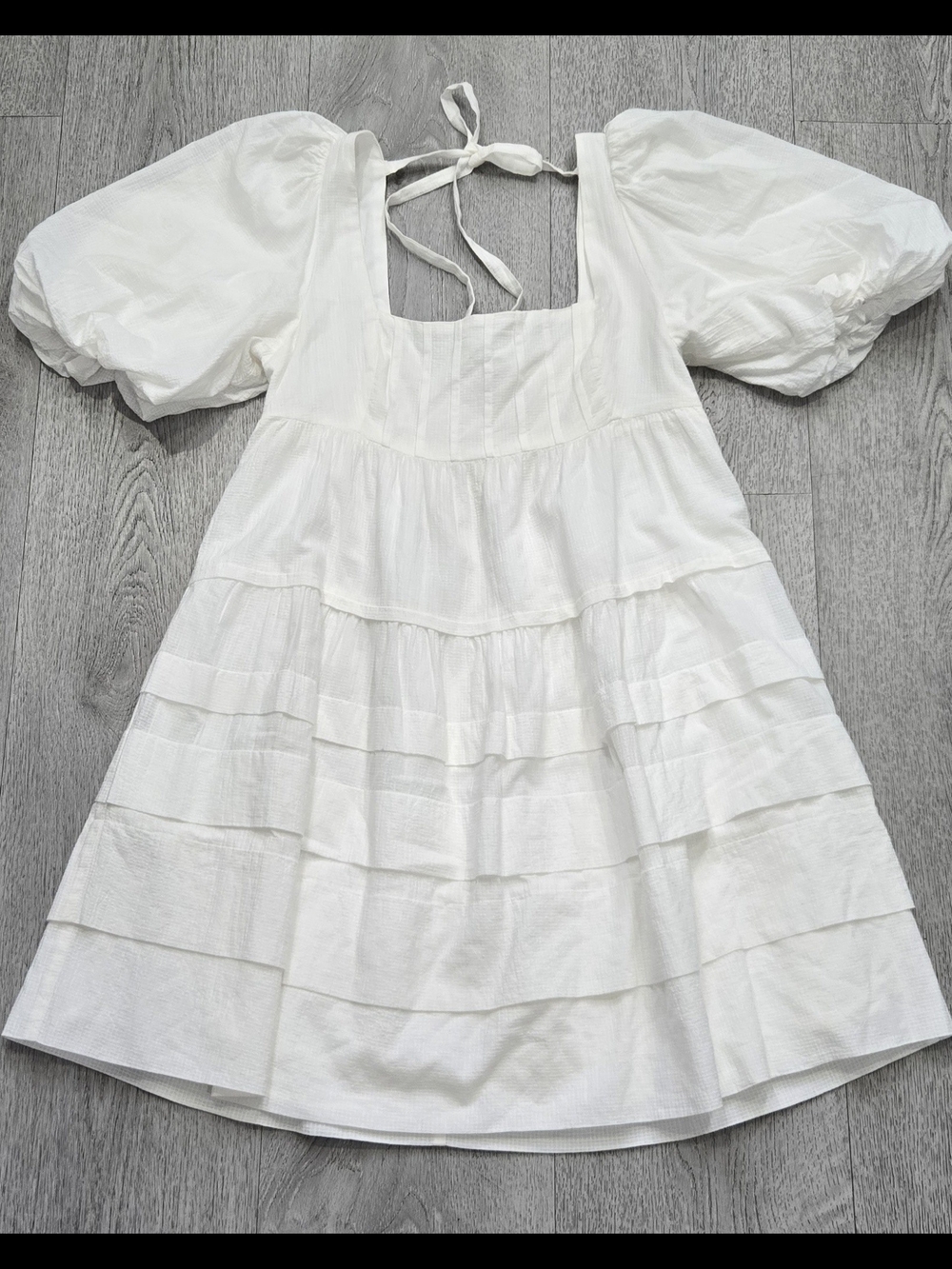 Anthropologie Square-Neck Puff-Sleeve Tiered Mini Dress White M - Picture 6 of 17